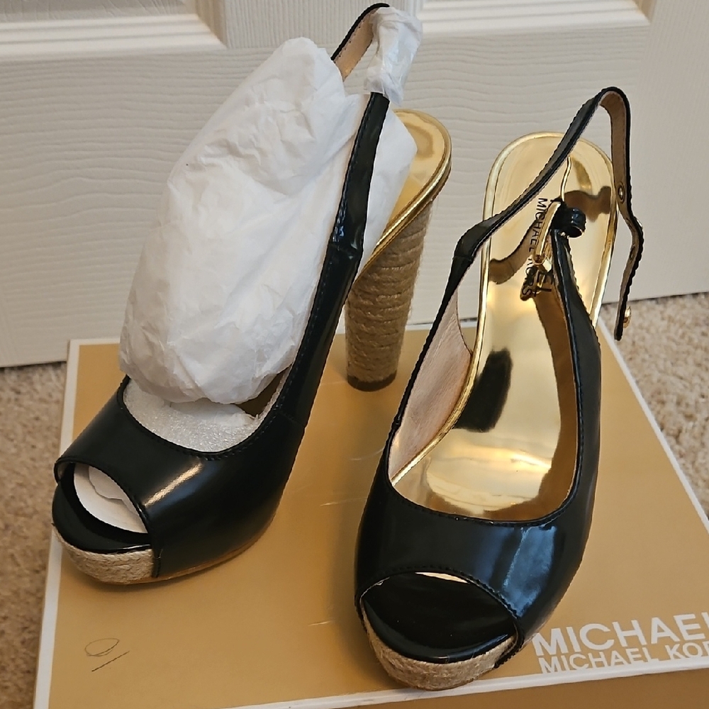 Michael Kors Black Patent Peep-Toe Espadrille Slingback Wedges